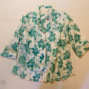 Tantrums Size Med Cotton Button Down Green and White Floral Print